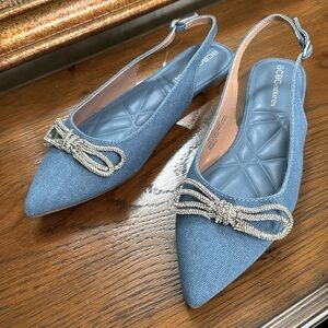 NWOT BCBG Generation Kristin Flat Denim shoes with rhinestone bows. Size 7 1/2.